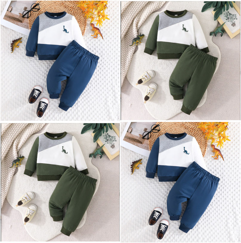 Baby Boy Dinosaur Patchwork Sweatshirt And Trousers Set Autumn_voghion.com