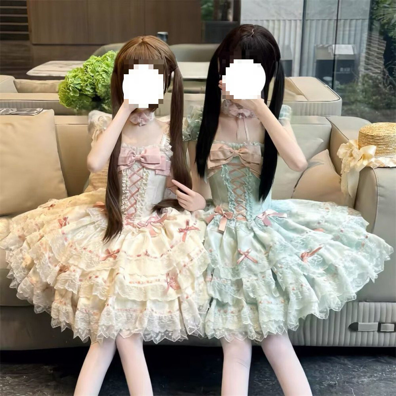 甜美洛丽塔蝴蝶结方口领连衣裙夏季新款减龄显瘦蓬蓬公主裙|undefined