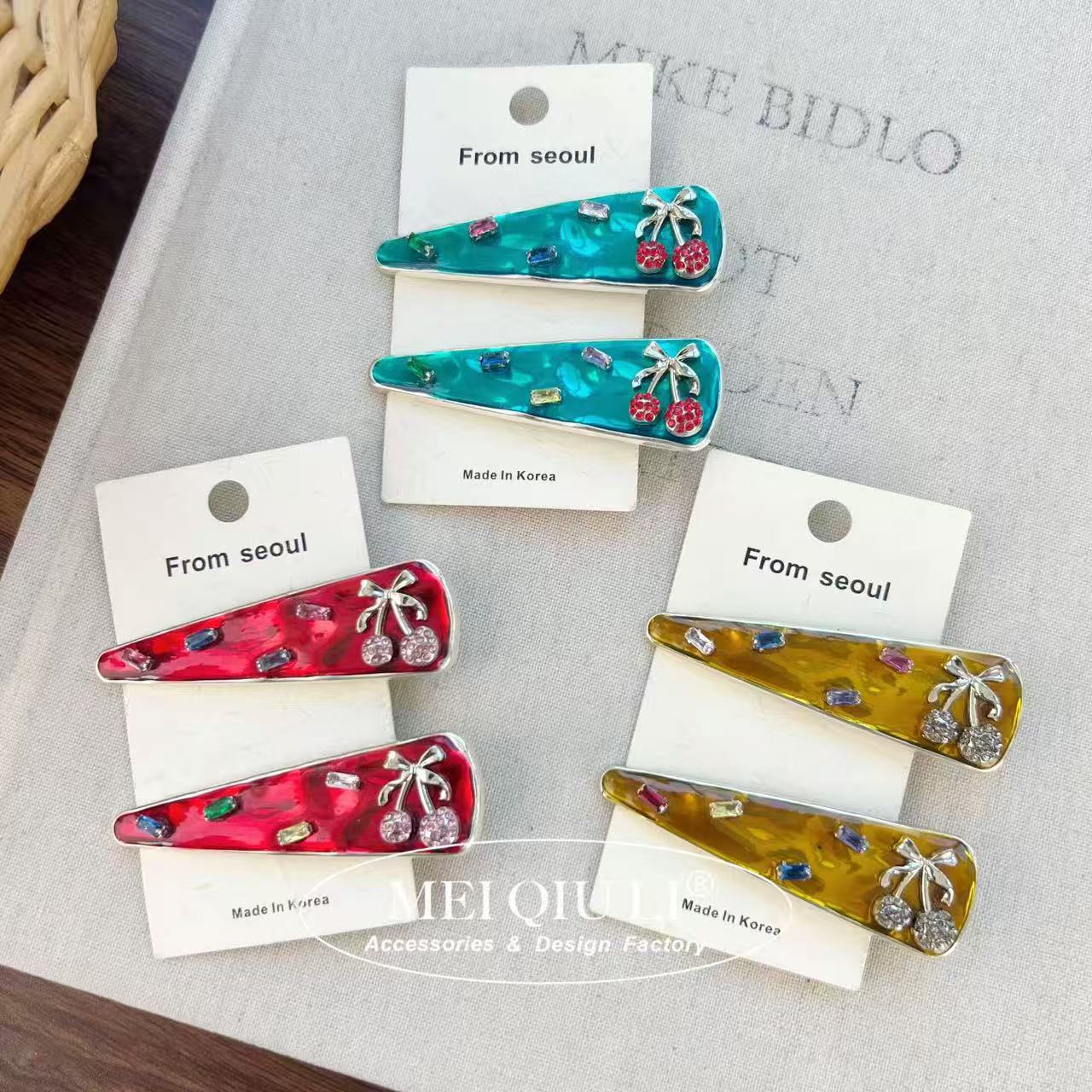 Light Luxury Heavy-Duty Colored Gemstone Rhinestone Cherry Metal Hairpin Triangular Side Clip Hair Accessory Wholesale