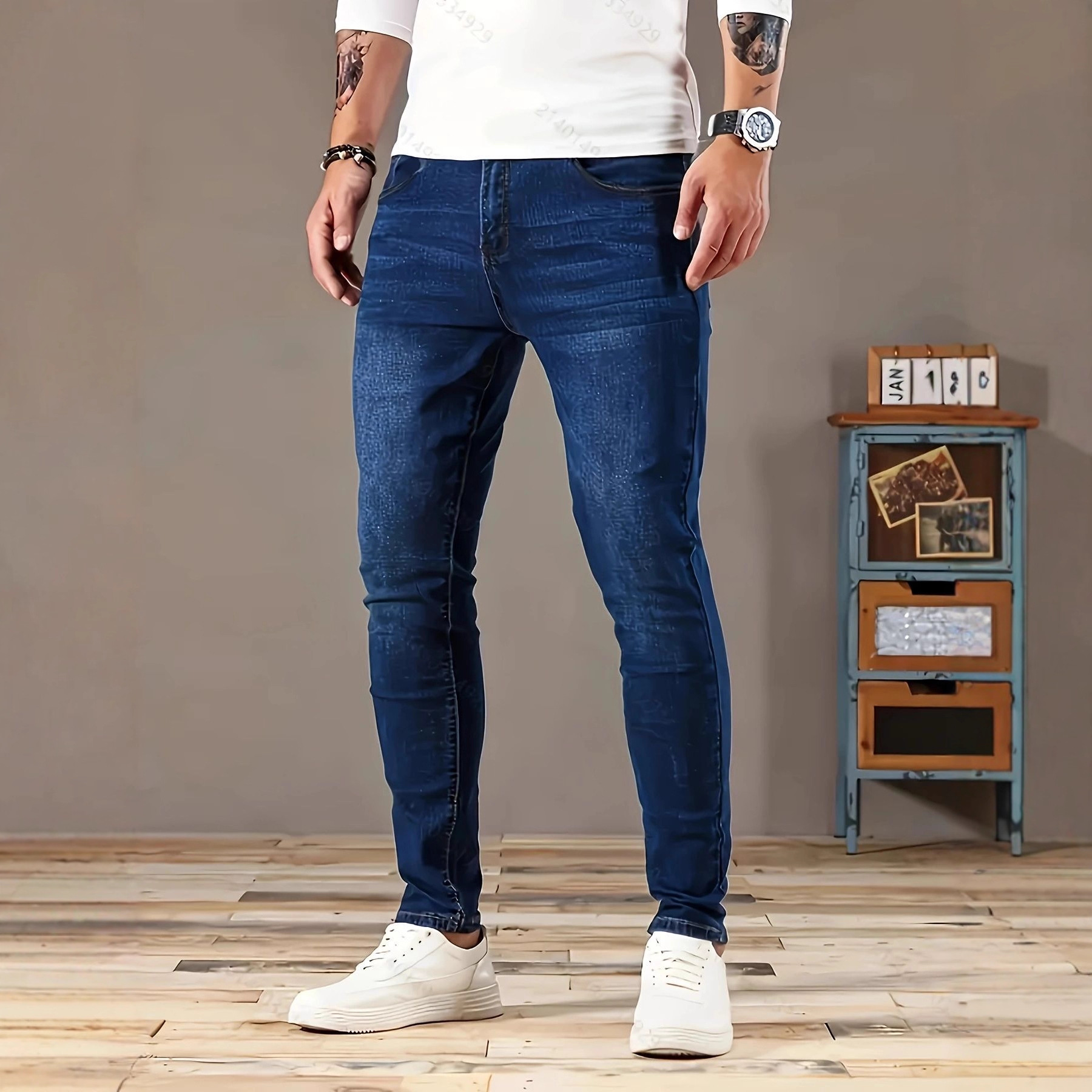 欧美风破洞男士深蓝紧身牛仔裤现货外贸代发特姆水洗磨破磨小脚裤