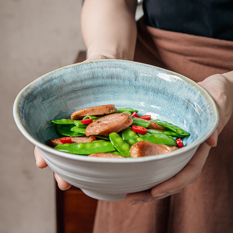 Yu Day Green de alto valor irregular horno de tazón de fideos de cerámica de tazón Douga característica de tazón de fideos de ramen retro exportación transfronteriza