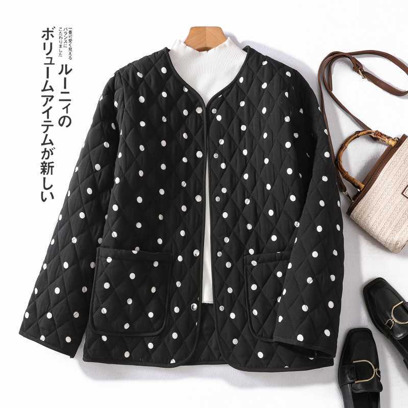 2025 Autumn and Winter New Retro Round Neck Contrasting Polka Dot Design Single-Breasted Double Flap Pocket Pants Quilted Warm Cotton Jacket
