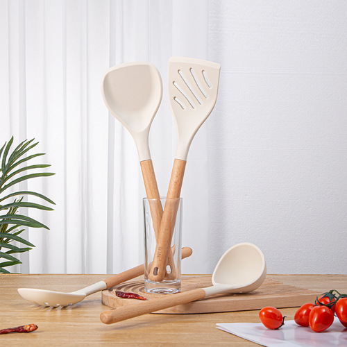 Silicone kitchen utensils with wooden handles, silicone spatulas and spoons, household kitchen high temperature resistant cooking spatulas, colanders, non-stick frying spatulas