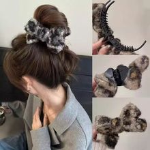 秋冬大号豹纹毛毛蝴蝶结发夹秋冬马尾发饰丸子夹可爱抓夹新款咖色
