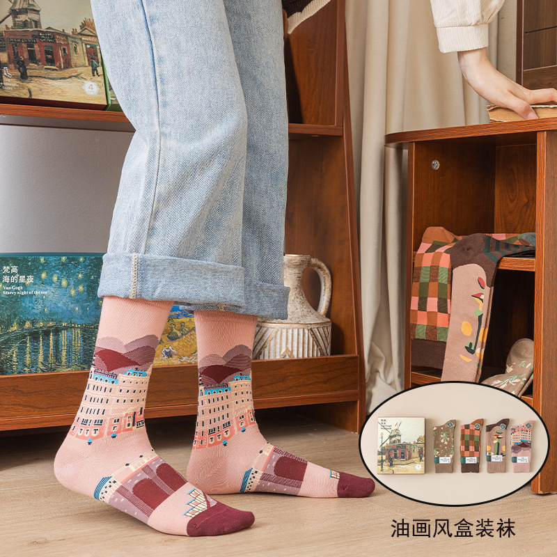 Boxed Socks for Women French Accessible Luxury Niche Mid-Calf Socks Xinjiang Long-Staple Cotton Literary Oil Painting Style Drawn Trend Socks Boxed Socks for Women French Accessible Luxury Niche Mid-Calf Socks Xinjiang Long-Staple Cotton Literary Oil Painting Style Drawn Trend Socks