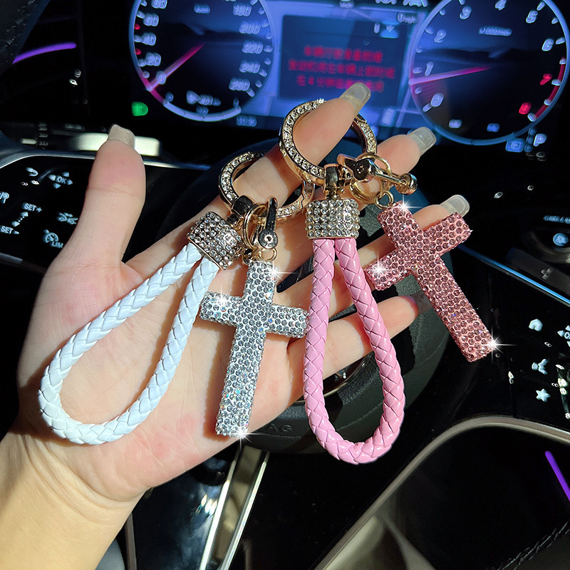 New clay full drill cross key chain with drill hand-woven rope car key pendant bag pendant small gift