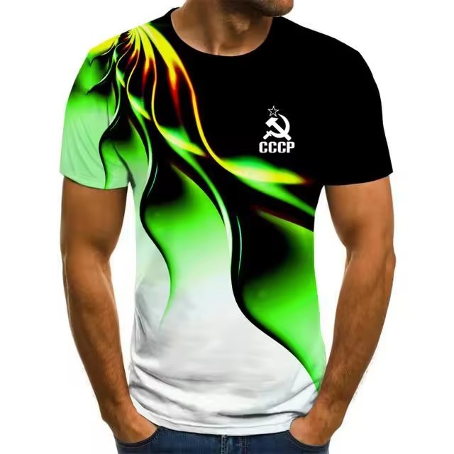 Colorido halo 3D impresión digital spot 2024 moda casual suelto cuello redondo manga corta transpirable camiseta para hombre