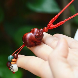 Rosewood Lucky Pig Pendant Necklace Wooden Sweater Chain Mid-Length Retro Pendant Easiest for Match Jewelry Birthday Gift for Girls