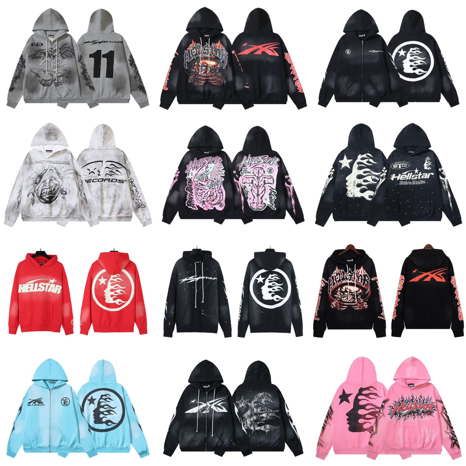 Hellstar欧美潮牌高街复古水洗做旧印花街头宽松连帽衫男女款卫衣