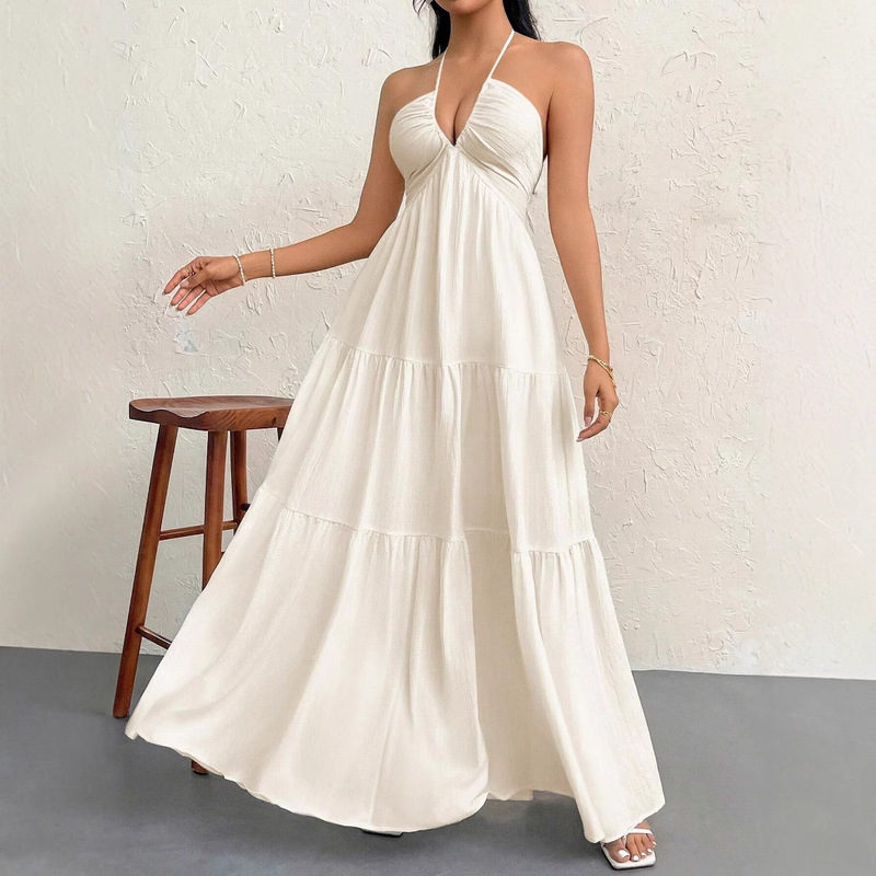 in stock Foreign Trade 1688 Alibaba Women's Romantic Beach Vacation Backless V-Collar White Pleated Dew A dress
