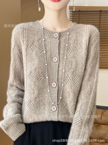 Autumn and winter new imitation wool round-neck knitted cardigan long-sleeved feminine style solid color hollowed-out all-match top