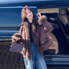 咖色美拉德复古兔毛内胆派克服女秋冬2025新款加绒加厚麂皮绒外套