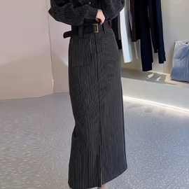 深灰色通勤百搭高腰条纹直筒半身裙女气质轻奢西装裙秋季新款