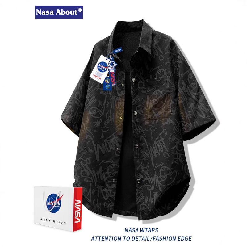 Nasa Ice Silk Large Size Short-Sleeved Shirt Summer Men's Plus Fat Trendyy Light and Cool Full Flower Lapel Shirt Jacket