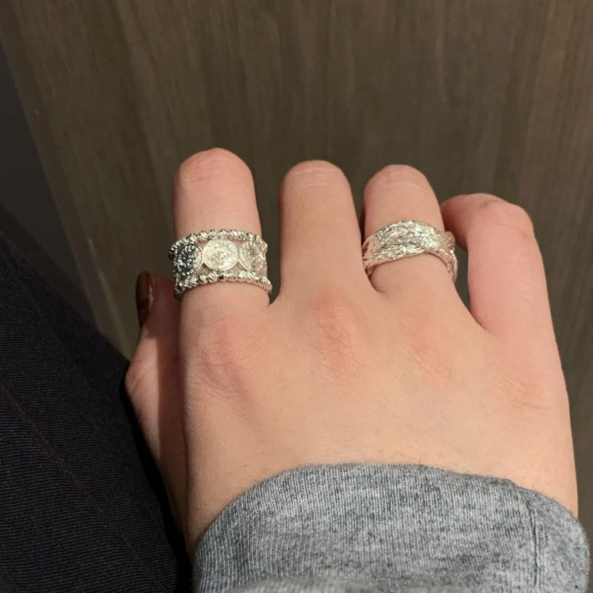 寬邊鏤空圓形錢幣戒指女簡約線條麻花百搭S925鍍銀開口指環食指戒