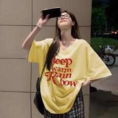 怠惰な風がゆるんでいるvネック半袖tシャツ女性夏プリント2025新型百合肉が痩せて見えるファッション上着