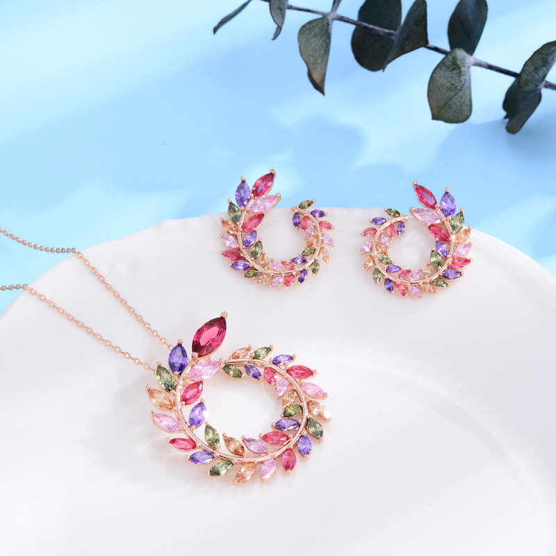 Cross-Border 18K Real Gold Hand-Inlaid Colorfulful Holiday Style Beautiful Garland Shaped Earrings Necklace Set Elegant Tassels