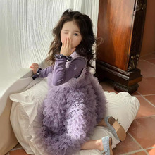 2025秋季新款女童无袖背心公主裙女童紫色连衣裙蛋糕裙礼服生日裙