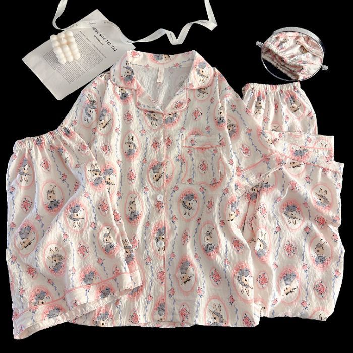 Venta al por mayor transfronteriza de tres piezas nube de algodón solapa cárdigan de dibujos animados pantalones de manga corta pantalones cortos ropa a domicilio traje de pijama de mujer