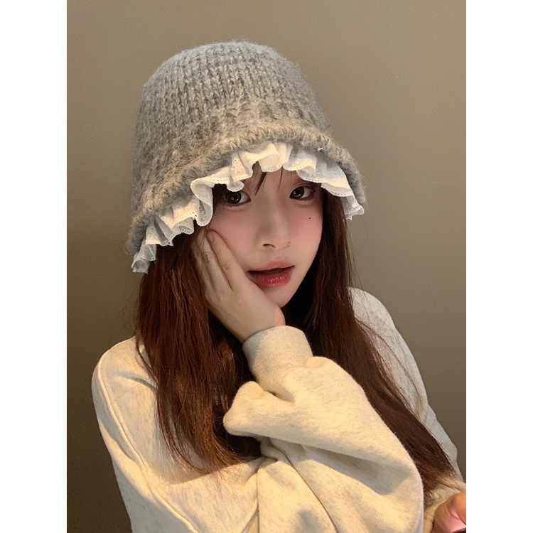 蕾丝花边渔夫帽女秋冬季保暖护耳盆帽时尚韩系显脸小针织毛线帽子|undefined