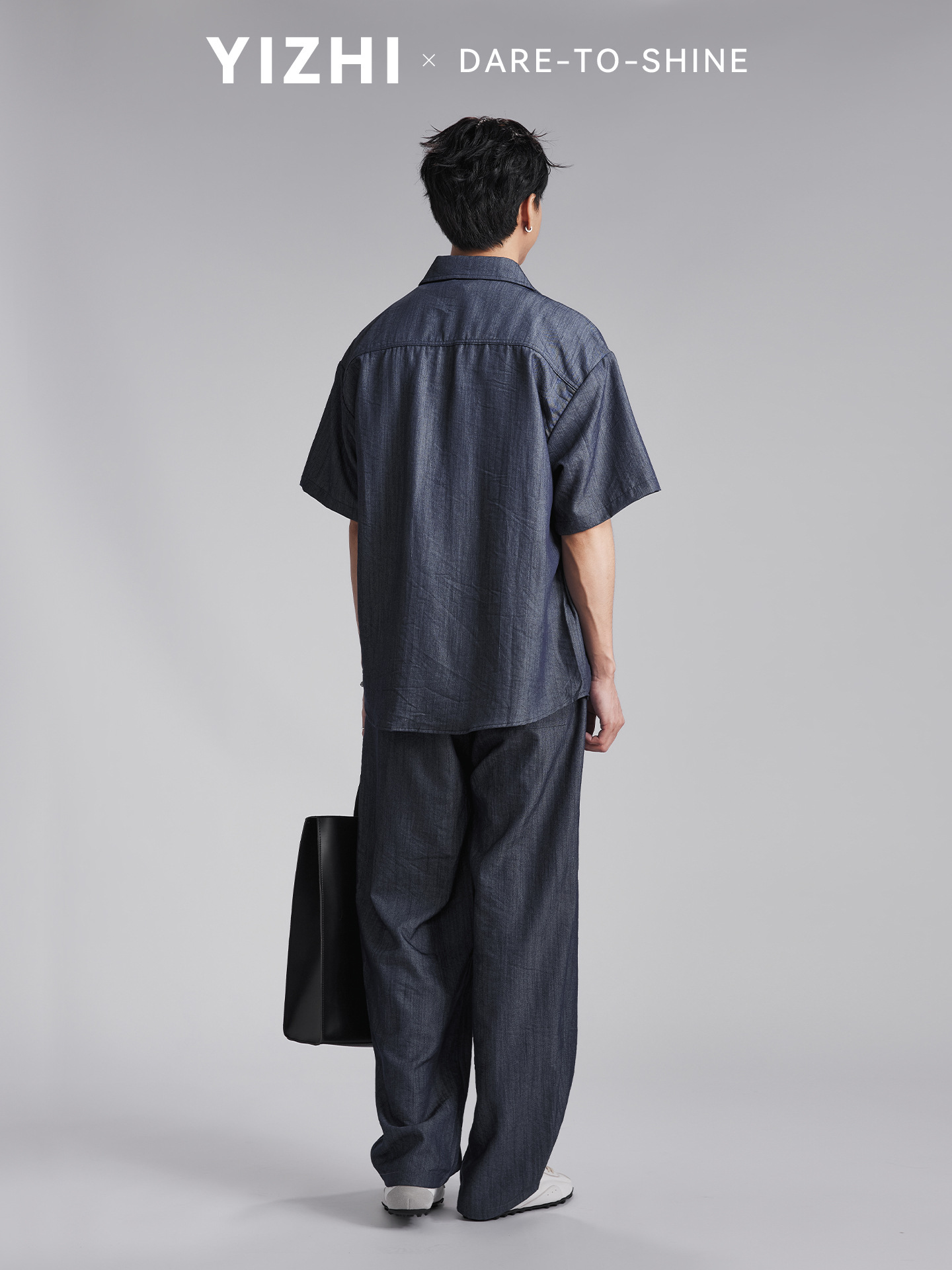Bộ đồ thể thao nam phong cách denim giả, áo sơ mi dài tay phối quần ống rộng — Tây Tạng màu xanh - quần dài