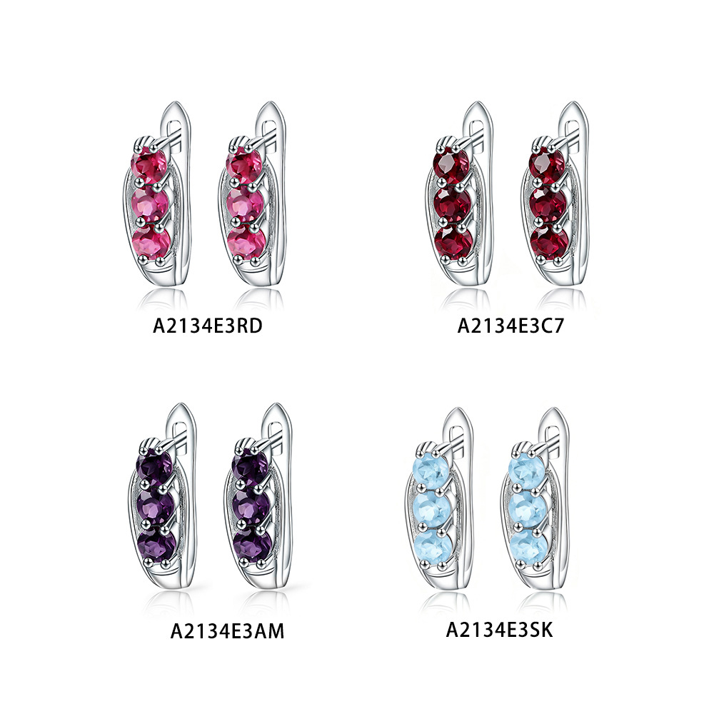 New pod-shaped three-stone earrings live broadcast s925 sterling silver inlaid with natural sky blue topaz and garnet, fashionable earrings