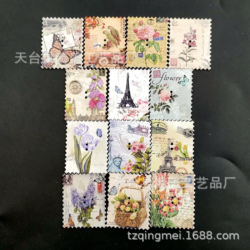 30*38mm botones de bricolaje fondo blanco estilo torre postal fondo blanco botones de madera pintados 50 piezas en un paquete