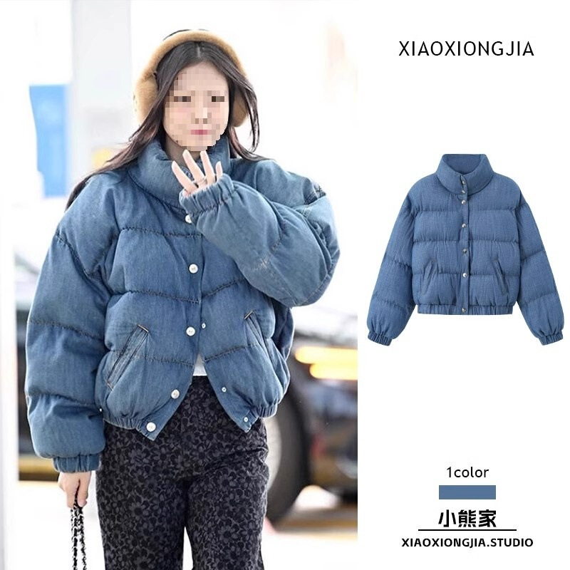 Jennie Kim Style Denim Blue Cotton Jacket for Women, Winter Short Stand Collar Coat for Petite Figures