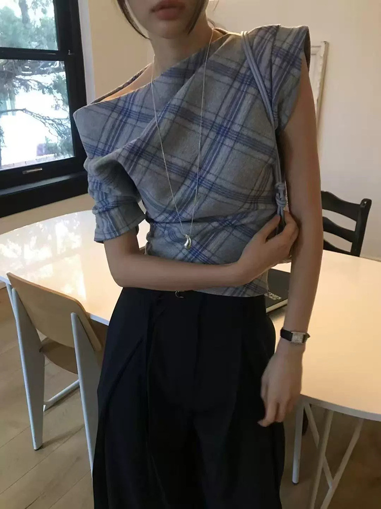 在庫あり 斜め肩ウエストチェック柄半袖レディース 2025 夏韓国スリムフィットニッチデザイナーレディースウェア