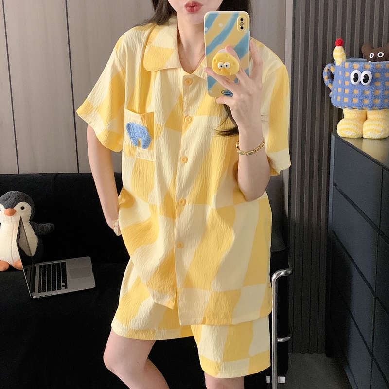 【蓝豹纹凯蒂猫】蓝色豹纹短袖云朵绵三件套褐色领睡衣女夏家居服|undefined