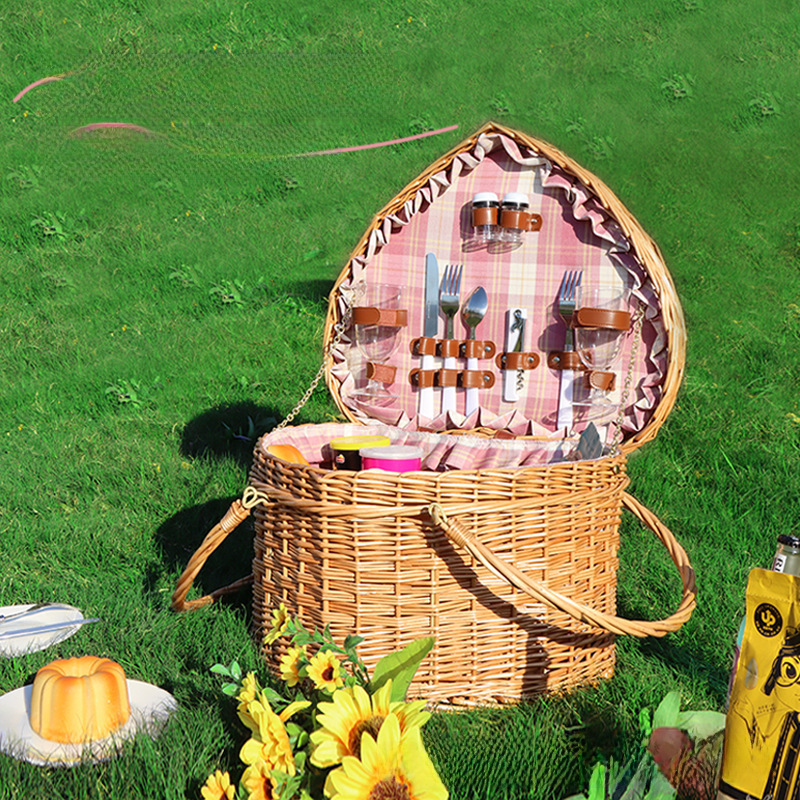 Picnic basket ins with tableware rattan woven storage basket Picnic photo props Spring outing all-supplies Internet celebrity basket