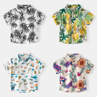 Outdoor Travel Vacation Boys Trendy Abstract Style Shirt Casual Style Boys Seaside Summer Lapel Short Sleeve