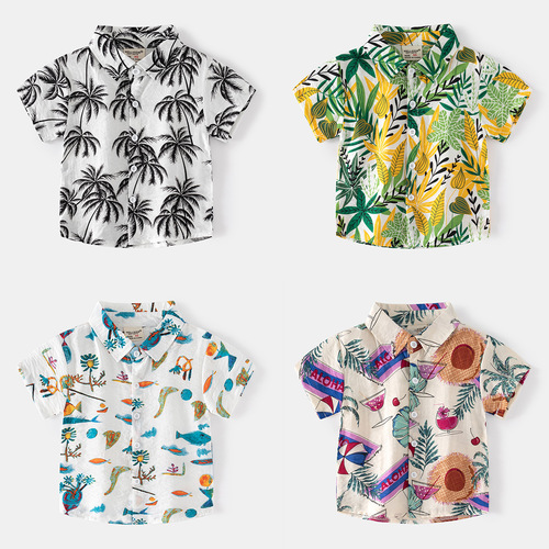 Outdoor travel vacation boys trendy abstract style shirt casual style boys seaside summer lapel short sleeves