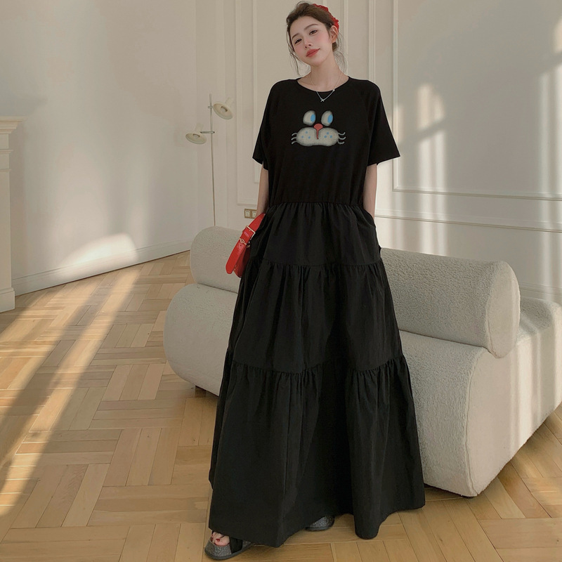 53053 # 2025 New Summer Style/Cat Splicing Short-Sleeved Dress Women's Waist Slimming Look High-End Long Skirt 53053 # 2025 New Summer Style/Cat Splicing Short-Sleeved Dress Women's Waist Slimming Look High-End Long Skirt