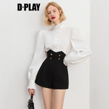 DPLAY2025秋季新款黑色短裤女法式英伦风短款修身高腰西装裤子