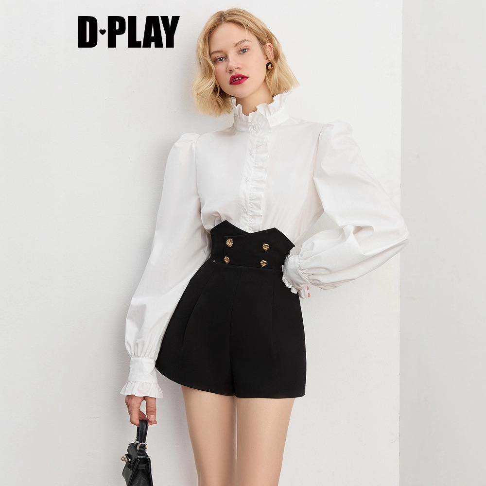 DPLAY2025秋季新款黑色短裤女法式英伦风短款修身高腰西装裤子