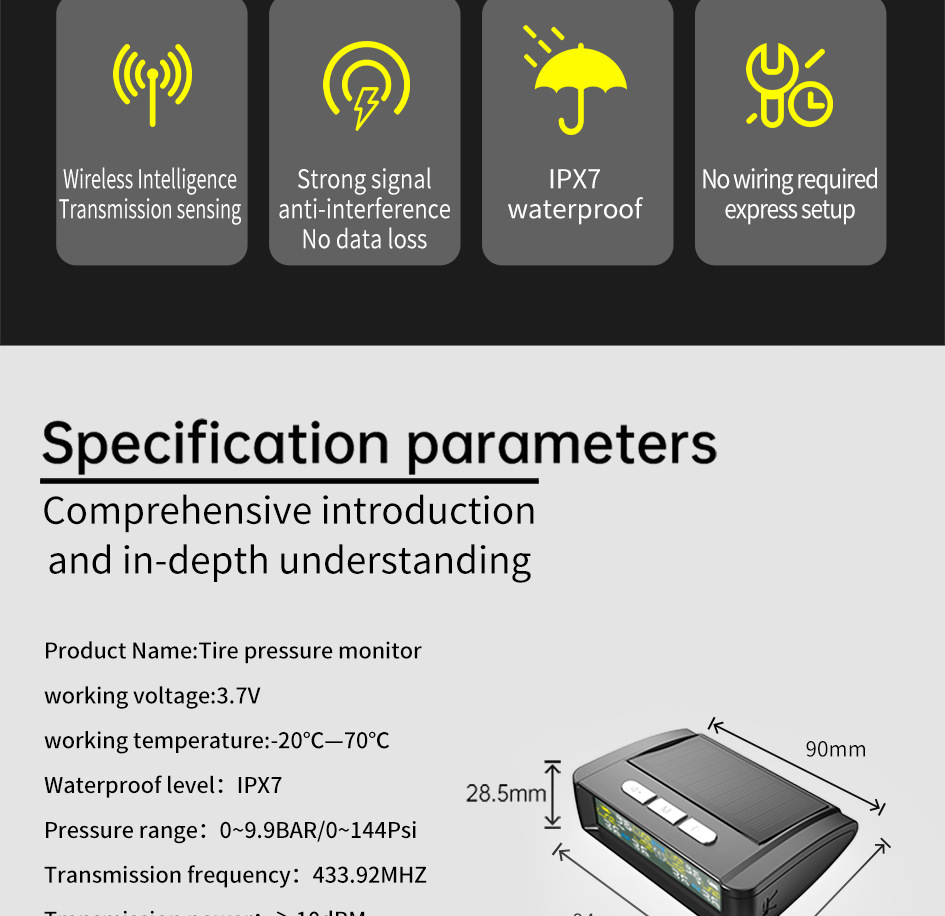 T11-6 Wheel-Mounted Tire Pressure Detector Solar-Powered Tire Pressure Monitoring High-Precision Wireless Rv Tire Pressure Tpms Cross-System