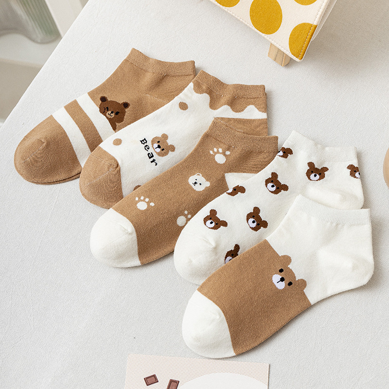 Socks Women's Low-Cut Socks Spring and Autumn Cute Japanese Style Cartoon Brown Bear Summer Thin Invisible Short Ankle Socks Women