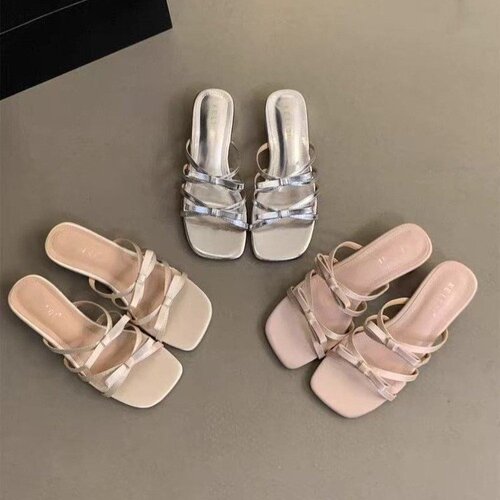 Pink Bow-Adorned Square-Heel Sandals for Women | 2025 Summer Outdoor Wear | Fashionable & Casual Flip-Flops