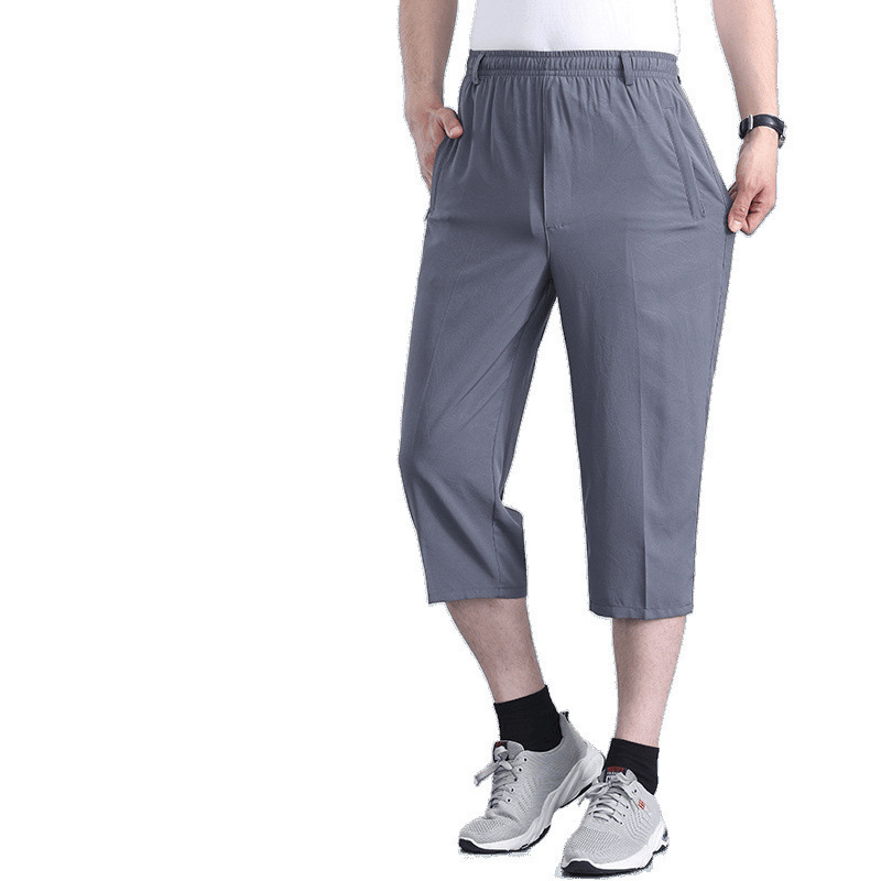 Pantalones de mediana edad para hombres, pantalones cortos delgados de verano, pantalones rectos sueltos, cintura elástica de hielo para hombres, cortos