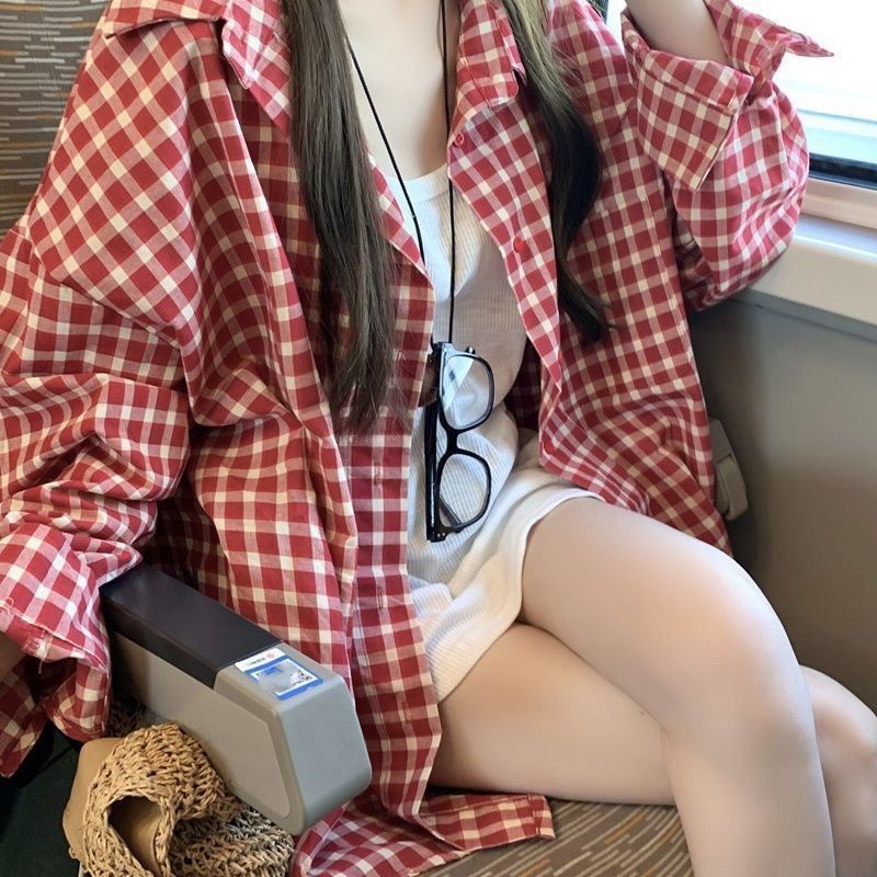 复古红色休闲格子衬衫外套春秋新款长袖宽松慵懒风小个子衬衣上衣|undefined