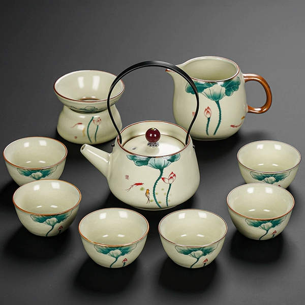 Ru Kiln Xingyun (lotus leaf) Ti Liang pot six cups 9 pieces set