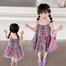 女童彩色格子吊带连衣裙2024夏季新款洋气时髦儿童装女宝宝公主裙