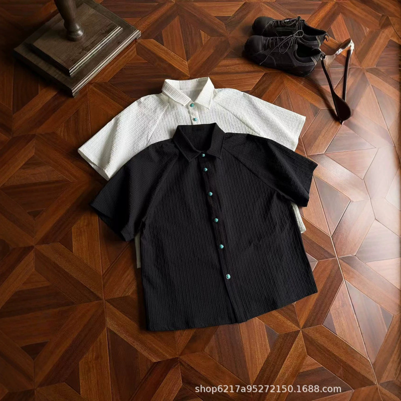 Korean "Tears of the Ocean" Short-Sleeve Shirt T-Shirt Turquoise Textured Pleated Shirt Old Money Boxy Top for Men