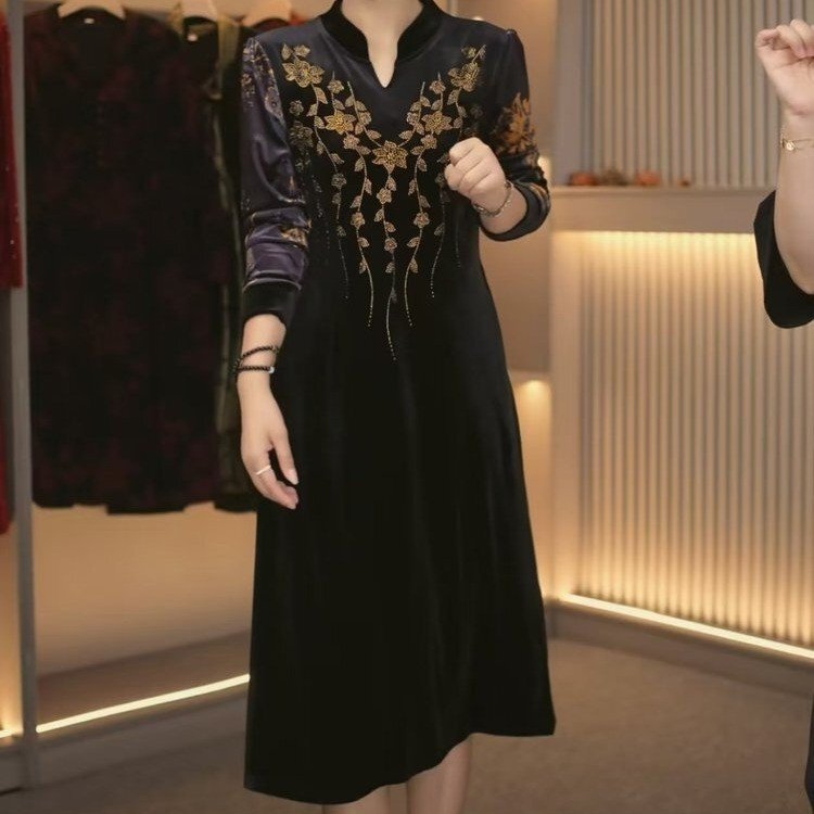One-Piece Drop Shipping Heavy Velvet Light Luxury Dress 2025 Autumn New Fashion Trendy Rhinestone Waist-Cinching Mid-Length Dress