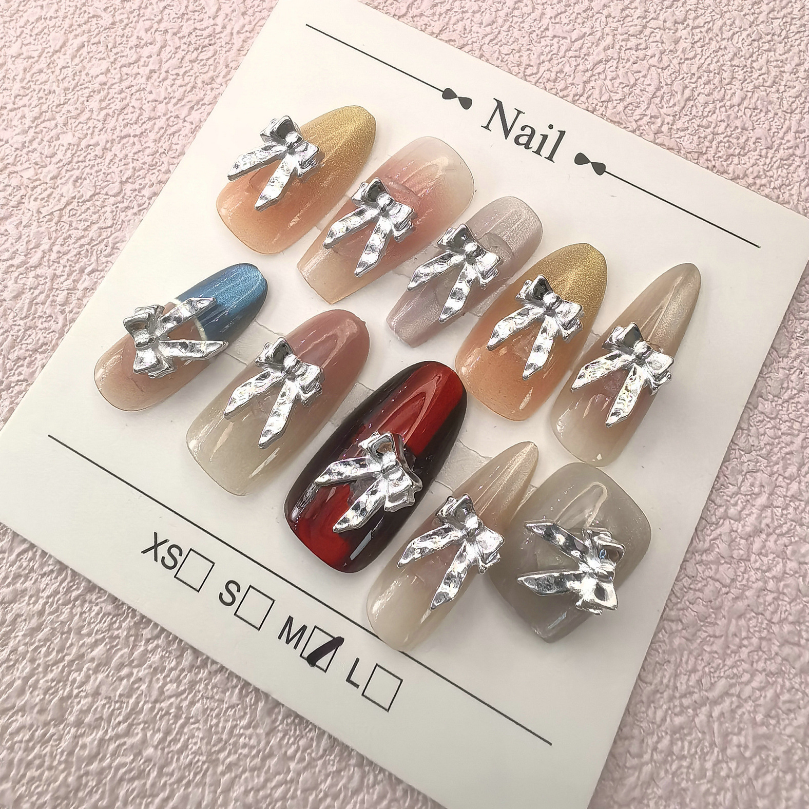 银色法式蝴蝶结美甲饰品合金喷漆法式精致立体复古简约蝴蝶结美甲