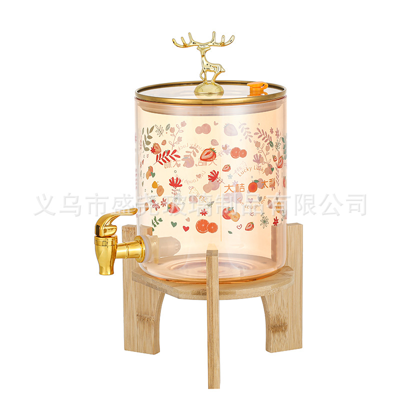 批发大容量高硼硅贴花纸带龙头带木托玻璃果汁罐汽水可乐果汁缸