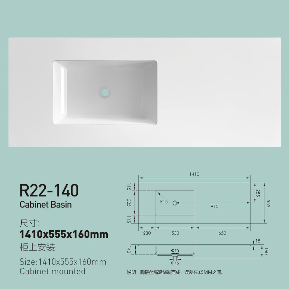 Lavabo de borde fino brillante, lavabo individual, lavabo integrado de cerámica, lavabo con sensación de piel, las esquinas del lavabo sobre encimera del baño se pueden cortar