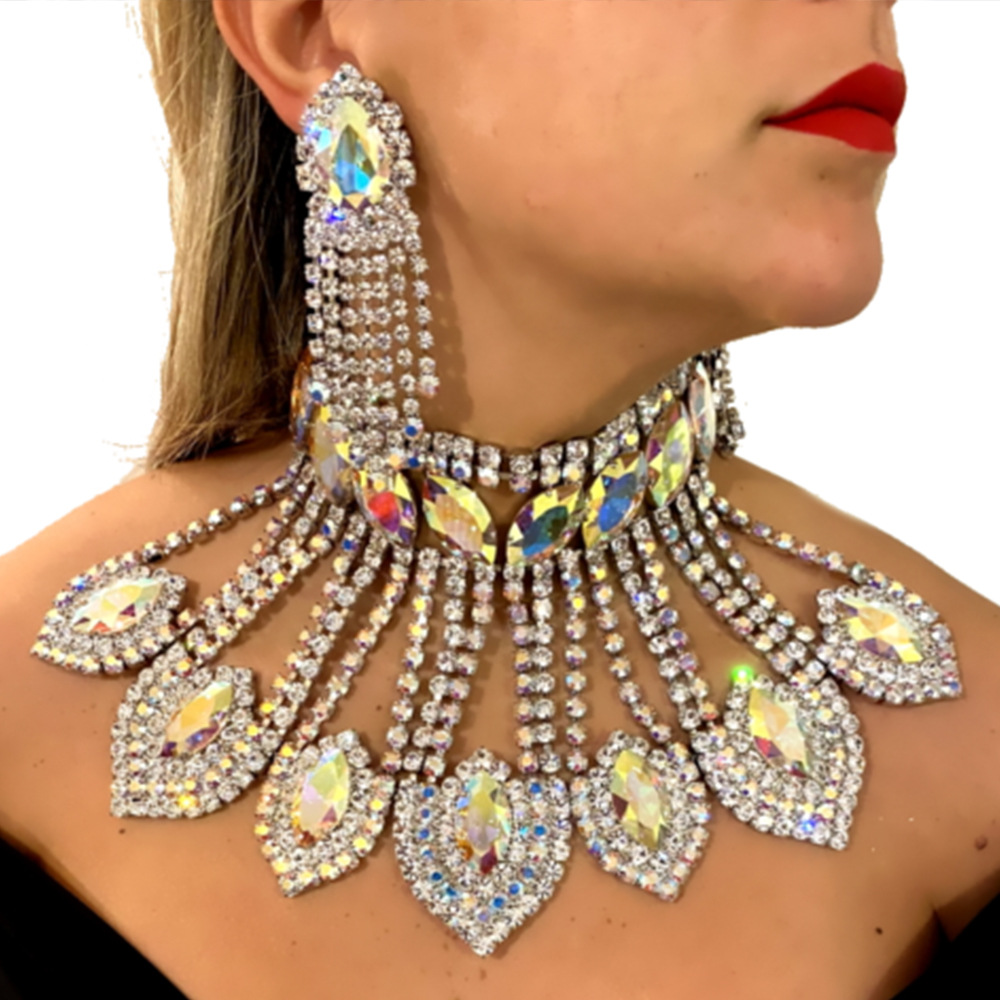 AliExpress caliente rhinestone collar traje personalidad europea y americana exagerada borla pendientes accesorios de la joyería
