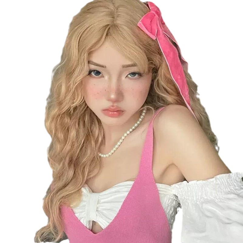 Zicen Wig Women's White Blonde Long Hair Wool Roll Spice Girl Style lolita Roll Bangs Corn Hot Full Head Cover